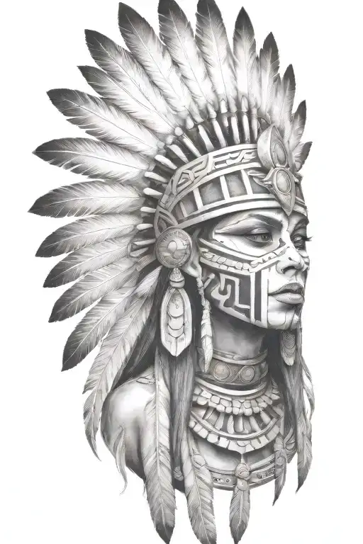 aztec warrior girl,skeletal,fearce face, triangular elements resembling feathers or stone spikes, fanned out on crown,  tattoo design idea