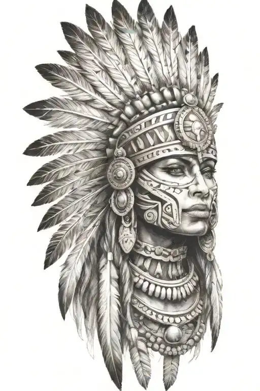 aztec warrior girl, skeletal face, crown warrior-like appearance feathers, spirituality, face looking to left tattoo design idea