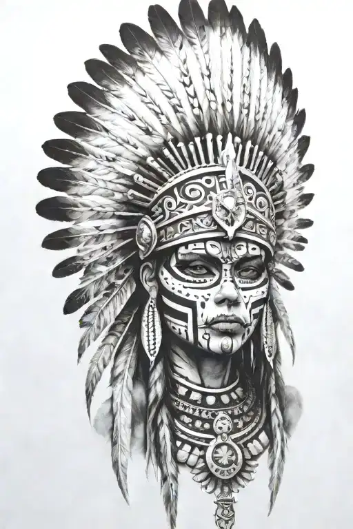 aztec warrior girl, skeletal face, crown warrior-like appearance resembling feathers, spirituality, death,face look left tattoo design idea