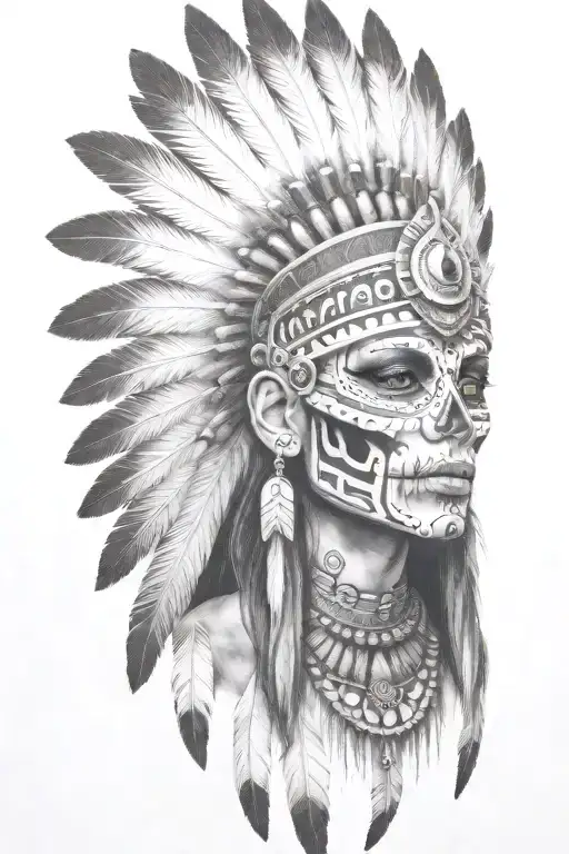 aztec warrior girl, skeletal fierce face, crown skull, geometric patterns feathers, spirituality, afterlife, death tattoo design idea