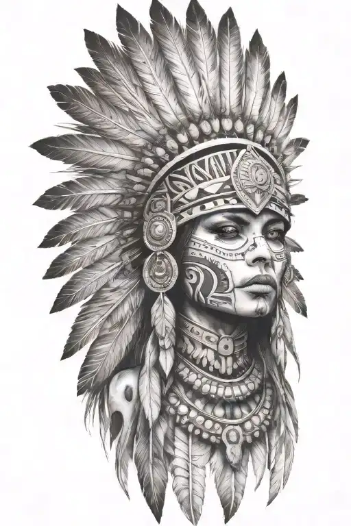 aztec warrior girl, skeletal fierce face, crown intricate geometric patterns feathers , spirituality, afterlife, death tattoo design idea