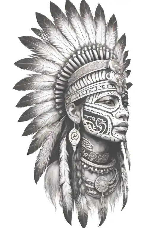 aztec warrior girl, skeletal fierce face, crown skull, geometric patterns feathers , spirituality, afterlife, death tattoo design idea
