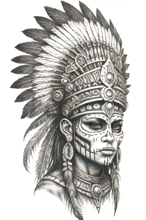 aztec warrior girl, skeletal face, crown warrior-like appearance resembling feathers, spirituality, death tattoo design idea
