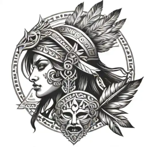 Aztec warrior girl feathers crown surrounded tattoo design idea