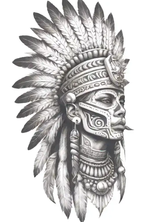 aztec warrior girl, skeletal fierce face, crown skull, geometric patterns feathers , spirituality, afterlife, death tattoo design idea