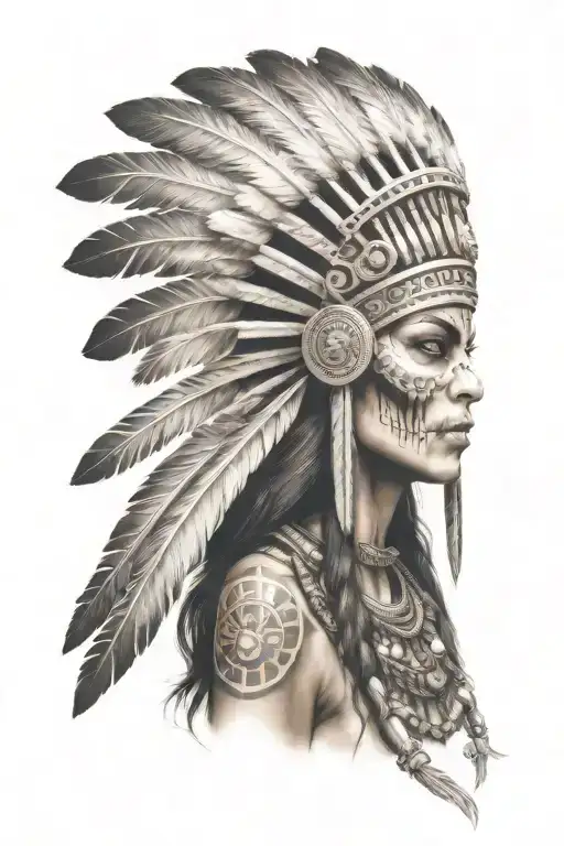 realistic skeletal elements,Mesoamerican-inspired headdress,  themes of death, spirituality, and warrior aztec girl tattoo design idea