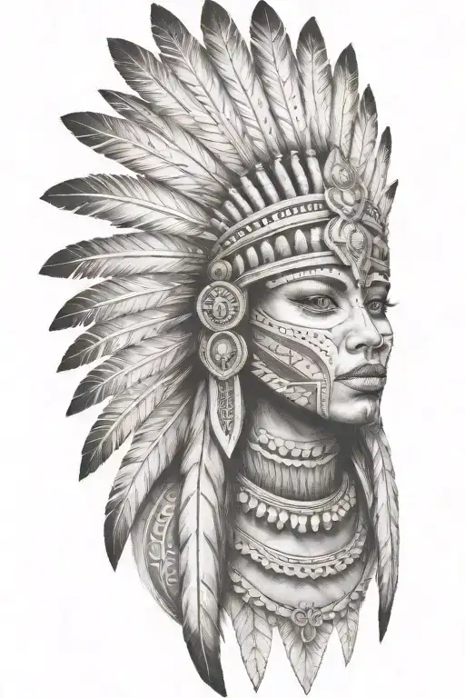 aztec warrior girl,skeletal,fearce face, triangular elements resembling feathers or stone spikes, fanned out on crown tattoo design idea