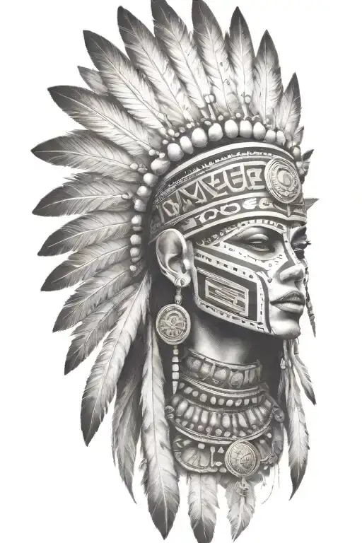 aztec warrior girl, skeletal fierce face, crown intricate geometric patterns feathers , spirituality, afterlife, death tattoo design idea