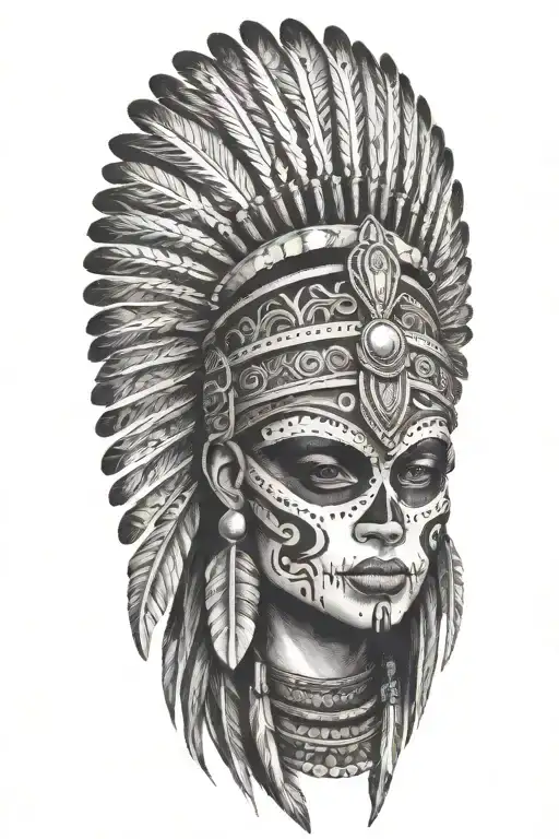 aztec warrior girl, skeletal face, crown warrior-like appearance resembling feathers fanned outward, spirituality, death tattoo design idea
