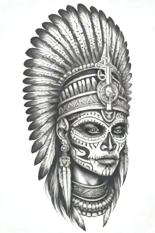 aztec warrior girl, skeletal face, triangular elements resembling feathers or stone spikes crown , spirituality, death tattoo design idea