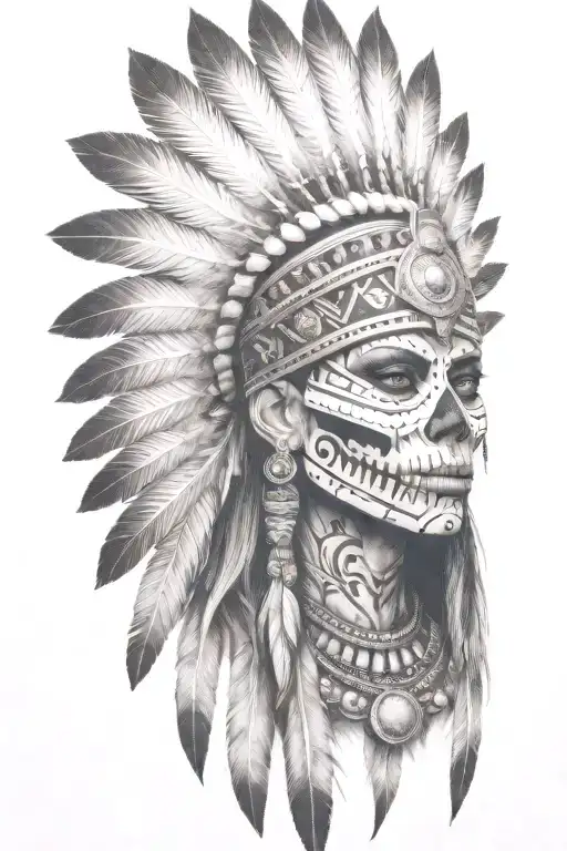 aztec warrior girl, skeletal fierce face, crown skull, geometric patterns feathers, spirituality, afterlife, death tattoo design idea