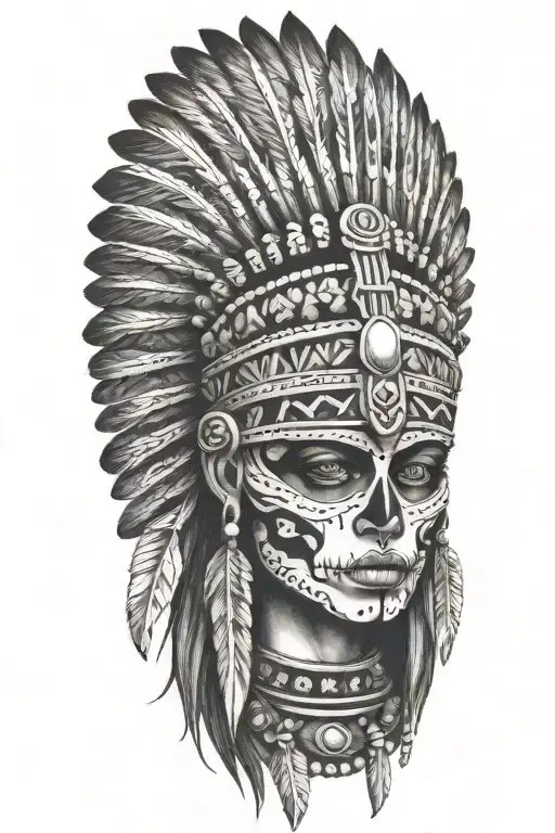 aztec warrior girl skeletal face with an Aztec-inspired headdress, blending death and warrior symbolism tattoo design idea