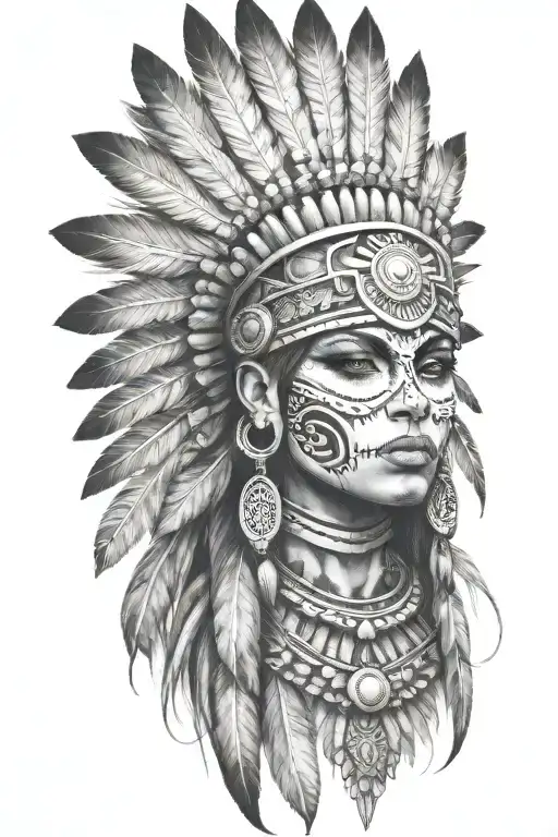 aztec warrior girl, skeletal fierce face, crown intricate geometric patterns feathers , spirituality, afterlife, death tattoo design idea