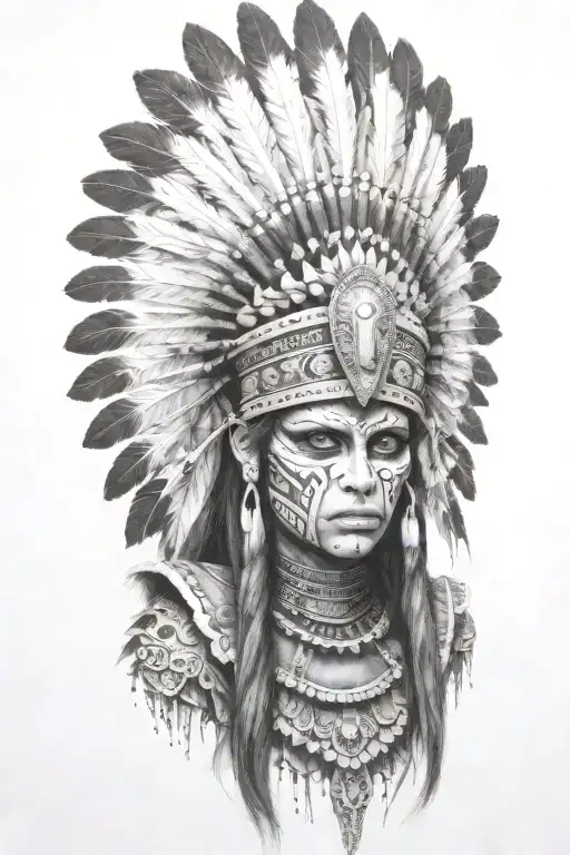 aztec warrior girl, skeletal face, crown warrior-like appearance resembling feathers, spirituality, death,face look left tattoo design idea