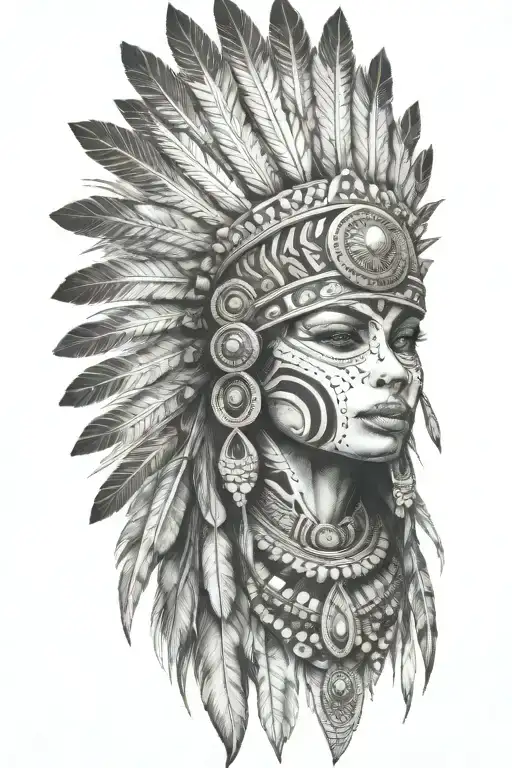 aztec warrior girl, skeletal fierce face, crown intricate geometric patterns feathers , spirituality, afterlife, death tattoo design idea