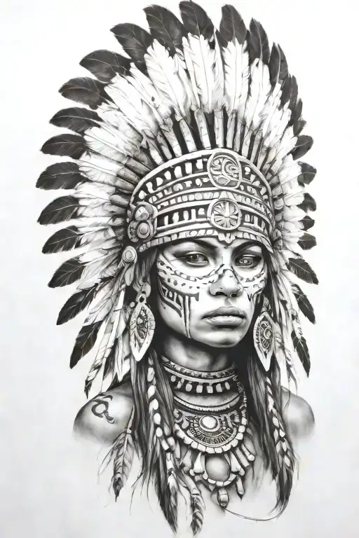 aztec warrior girl, skeletal face, crown warrior-like appearance resembling feathers, spirituality, death,face look left tattoo design idea
