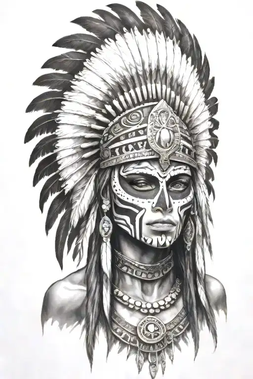 aztec warrior girl, skeletal face, crown warrior-like appearance resembling feathers, spirituality, death,face look left tattoo design idea