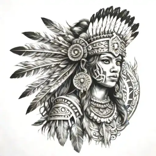 Aztec warrior girl feathers crown surrounded tattoo design idea