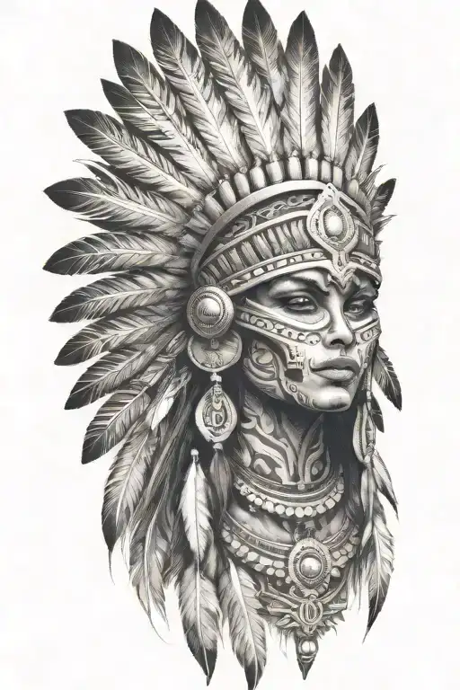 aztec warrior girl, skeletal fierce face, crown intricate geometric patterns feathers , spirituality, afterlife, death tattoo design idea