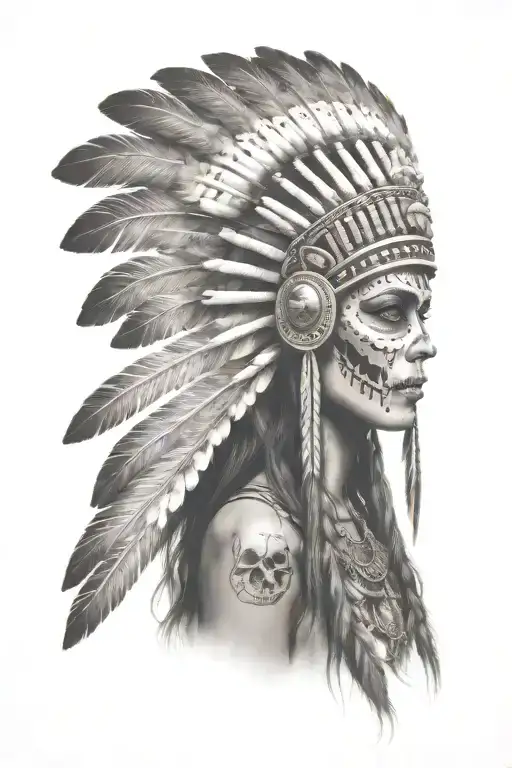 realistic skeletal elements,Mesoamerican-inspired headdress,  themes of death, spirituality, and warrior aztec girl tattoo design idea