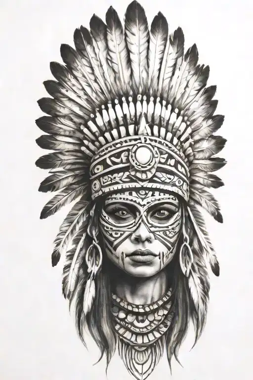 aztec warrior girl skeletal face with an Aztec-inspired headdress, blending death and warrior symbolism feathers tattoo design idea