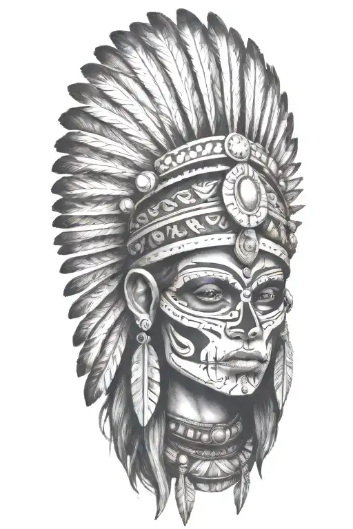 aztec warrior girl, skeletal face, triangular elements resembling feathers or stone spikes crown , spirituality, death tattoo design idea
