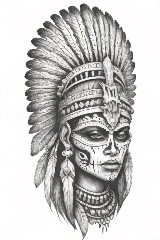 aztec warrior girl, skeletal face, triangular elements resembling feathers or stone spikes crown , spirituality, death tattoo design idea