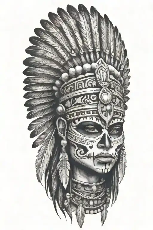 aztec warrior girl, skeletal face, crown warrior-like appearance resembling feathers tattoo design idea