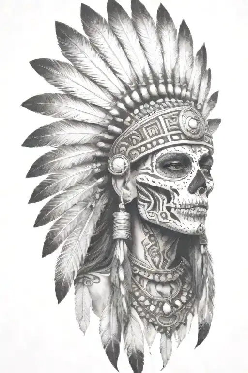 aztec warrior girl, skeletal fierce face, crown skull, geometric patterns feathers, spirituality, afterlife, death tattoo design idea