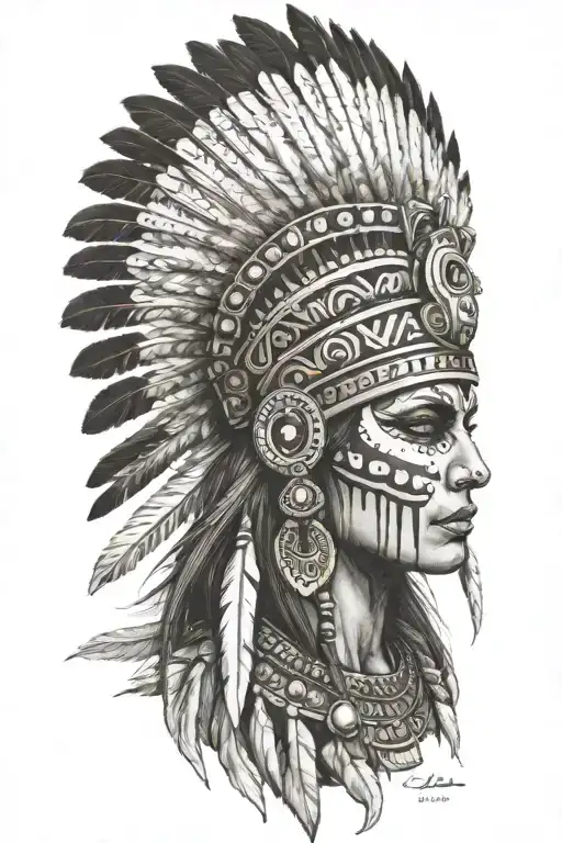 aztec warrior girl, skeletal face, crown warrior-like appearance feathers, spirituality, face looking to left tattoo design idea