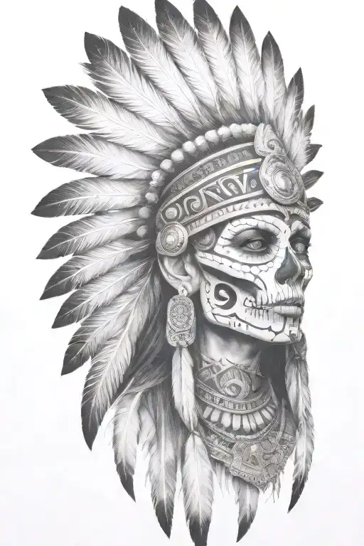 aztec warrior girl, skeletal fierce face, crown skull, geometric patterns feathers, spirituality, afterlife, death tattoo design idea