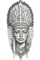 realistic skeletal elements, Mesoamerican-inspired headdress, themes of death, spirituality, and warrior aztec girl  tattoo design idea