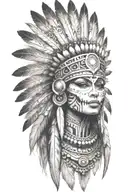 aztec warrior girl, skeletal fierce face, crown intricate geometric patterns feathers , spirituality, afterlife, death tattoo design idea