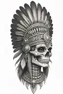 realistic skeletal elements, maya motives feathers crown, themes of death, spirituality, warrior aztec girl tattoo design idea