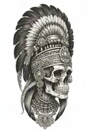 realistic skeletal elements, maya motives feathers crown, themes of death, spirituality, warrior aztec girl tattoo design idea