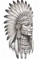 aztec warrior girl,skeletal fearce face, crown warrior-like appearance feathers, spirituality,   tattoo design idea