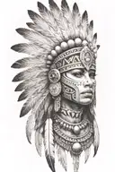 aztec warrior girl,skeletal fearce face, crown warrior-like appearance feathers, spirituality,   tattoo design idea