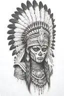 aztec warrior girl, skeletal face, crown warrior-like appearance resembling feathers, spirituality, death,face look left tattoo design idea