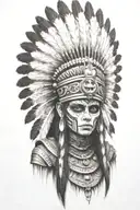 aztec warrior girl, skeletal face, crown warrior-like appearance resembling feathers, spirituality, death,face look left tattoo design idea
