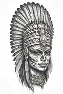 aztec warrior girl, skeletal face, crown warrior-like appearance feathers, spirituality, looking right tattoo design idea
