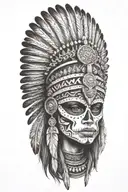 aztec warrior girl, skeletal face, crown warrior-like appearance feathers, spirituality, looking right tattoo design idea