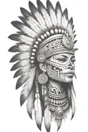 aztec warrior girl, skeletal fierce face, crown skull, geometric patterns feathers , spirituality, afterlife, death tattoo design idea