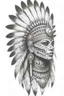 aztec warrior girl, skeletal fierce face, crown skull, geometric patterns feathers , spirituality, afterlife, death tattoo design idea