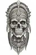 realistic skeletal elements, maya motives feathers crown, themes of death, spirituality, warrior aztec girl tattoo design idea
