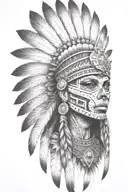 aztec warrior girl, skeletal fierce face, crown skull, geometric patterns feathers shorter tattoo design idea