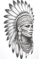 aztec warrior girl, skeletal fierce face, crown skull, geometric patterns feathers shorter tattoo design idea