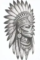 aztec warrior girl, skeletal fierce face, crown skull, geometric patterns feathers , spirituality, afterlife, death tattoo design idea