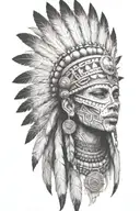 aztec warrior girl, skeletal fierce face, crown skull, geometric patterns feathers , spirituality, afterlife, death tattoo design idea