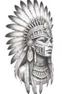aztec warrior girl,skeletal,fearce face, triangular elements resembling feathers or stone spikes, fanned out on crown,  tattoo design idea