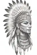 aztec warrior girl,skeletal,fearce face, triangular elements resembling feathers or stone spikes, fanned out on crown,  tattoo design idea